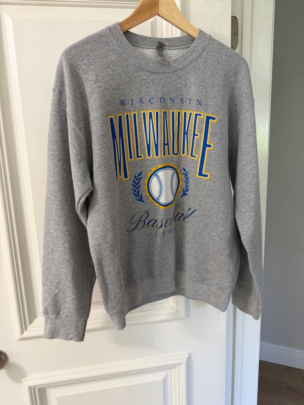 Gildan Gray Milwaukee Baseball Crewneck with Blue and Gold Print